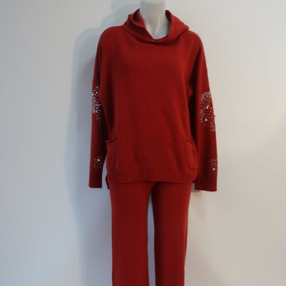 NWT Womens Regina Brick Red Cashmere 2 Pc Set Palazzo Pants Cowl Neck Sweater L - Picture 2 of 15